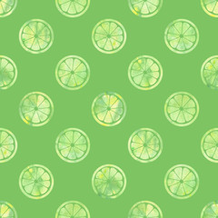 Watercolor sliced ​​limes on mint background. Seamless pattern. Watercolor stock illustration. Design for backgrounds, wallpapers, covers, textile, packaging.