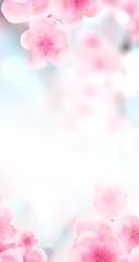 vertical Japanese Spring Sakura cherry blossoms 160x600 size website skyscraper banner background. 3D Illustration Clip-Art floral spring petal design header. copy space in pink, white, blue