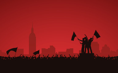 Silhouette group of protesters people raised fist and flags protest in city with red color sky background