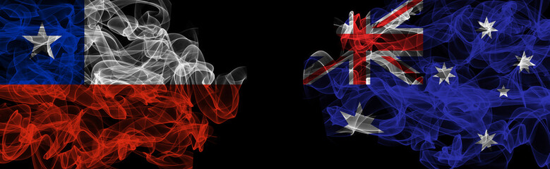 Flags of Chile and Australia on Black background, Chile vs Australia Smoke Flags