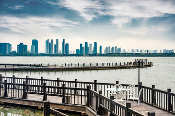 Wooden plank road, Taihu Lake scenic spot, Wuxi City, Jiangsu Province, China