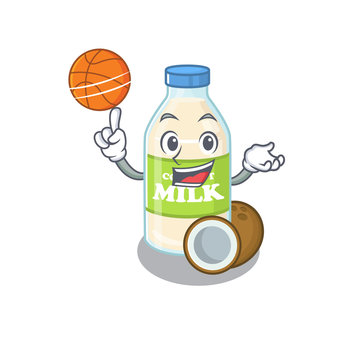 A mascot picture of coconut milk cartoon character playing basketball