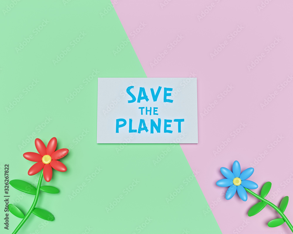 Poster cartoon style minimal design. save the planet text with flowers on pastel abstract background. envir
