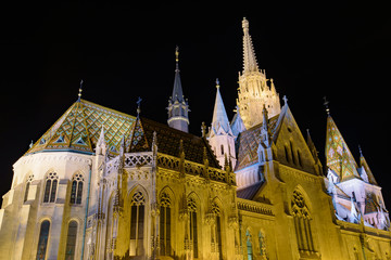 Night view of Matthias Church, a Catholic church located in the Holy Trinity Square, Buda's Castle...