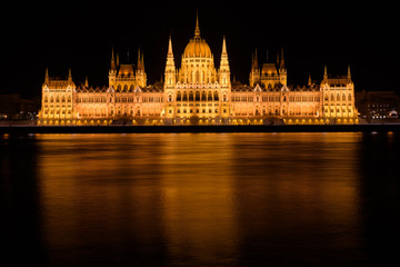Night view of Hungarian Parliament Building on the banks of the Danube, Budapest, Hungary