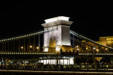 Night view of Széchenyi Chain Bridge across the River Danube connecting Buda and Pest, Budapest, Hungary