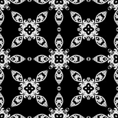 Embroidery textured vector seamless pattern. Black and white floral grunge background. Tapestry wallpaper. Damask flowers, leaves, mandalas. Textured vintage baroque ornaments. Embroidered texture