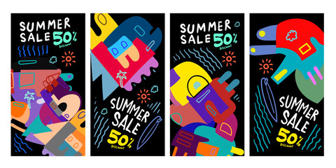 Summer Sale 50% discount Poster and Banner. Promotion flyer, discount voucher template special offer market brochure. Vector doodle illustration set for summer sales.