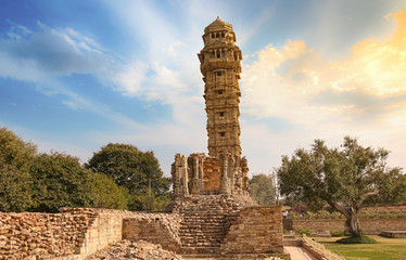 Vijaya Stambha the victory monument with ancient ruins at Chittorgrah Fort Rajasthan, India