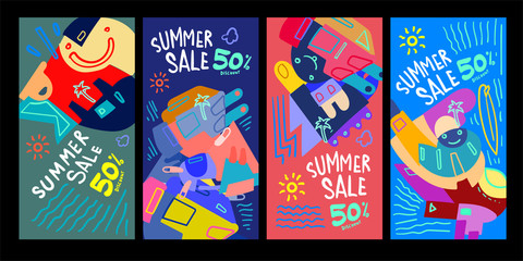 Obraz na płótnie Canvas Summer Sale 50% discount Poster and Banner. Promotion flyer, discount voucher template special offer market brochure. Vector doodle illustration set for summer sales.