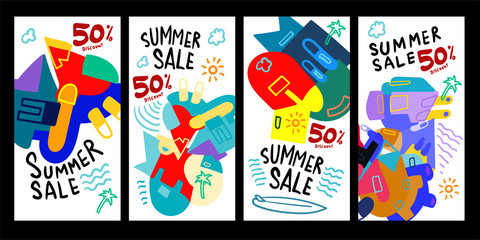 Fototapeta na wymiar Summer Sale 50% discount Poster and Banner. Promotion flyer, discount voucher template special offer market brochure. Vector doodle illustration set for summer sales.