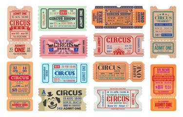 Circus carnival show vector retro tickets. Admission coupons of carnival amusement show. Isolated entertainment event tickets with vintage circus tent and clown, flags and stars - obrazy, fototapety, plakaty