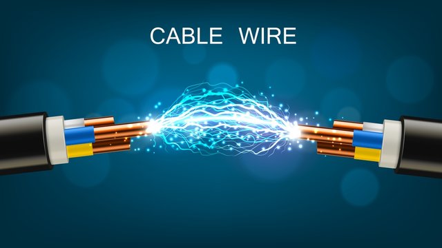 Electrical cable with copper wires, power equipment of energy industry. Vector realistic cable break or disconnect with electric discharge and sparks between stripped conductors