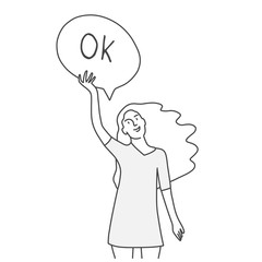 Girl holding blank with Ok speech bubble. Hand drawn vector illustration.