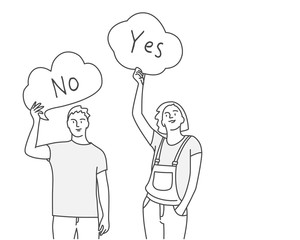 Woman and man holding blank with Yes, No speech bubble. Hand drawn vector illustration.