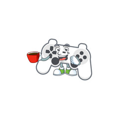 Cool white joystick cartoon character with a cup of coffee