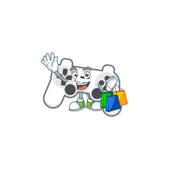 A rich white joystick cartoon design waving and holding Shopping bag