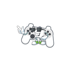 Super cool white joystick mascot character wearing black glasses