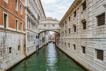 Bridge of Sighs on top of a small canal (Rio del Palazzo) in Venice, Italy.