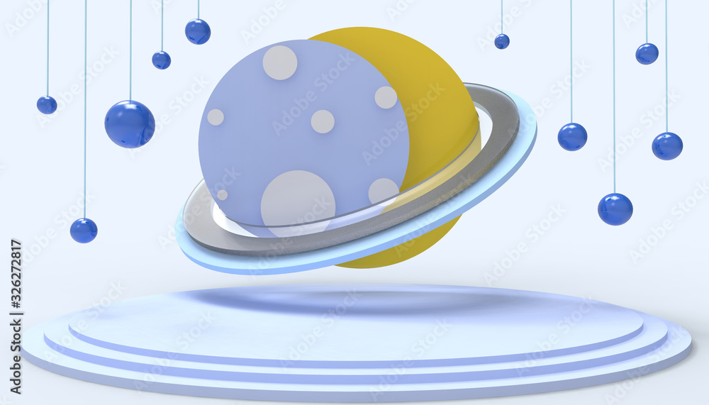 Poster planet fantasy display concept and moon modern ideas podium geometric shapes on blue background - 3d