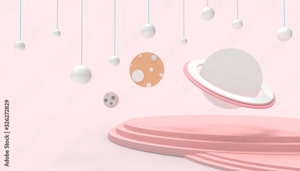 Poster planet fantasy display concept modern ideas podium geometric shapes on red background - 3d rendering