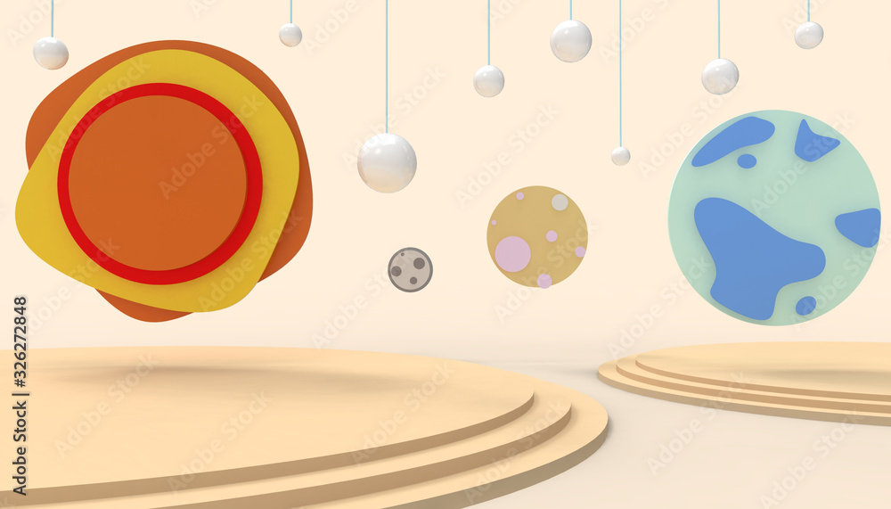 Poster planet fantasy display concept sun with world and modern ideas podium geometric shapes on yellow bac