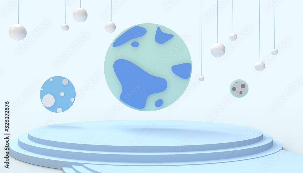 Poster planet fantasy display concept with world and geometric shapes modern ideas podium on blue backgroun