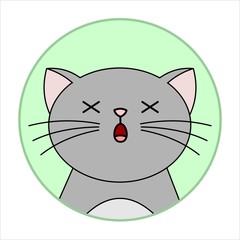 Cute Surprised Cat, Round Icon, Emoji. A Gray Cat With A Whiskers Died Of Surprise. Vector Image Isolated On A White Background.