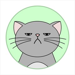 Cute Naughty, Grumpy Cat, Round Icon, Emoji. Gray Cat With A Whiskers Is Unhappy, Vector Image Isolated On A White Background.