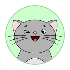 Cute Surprised Cat, Round Icon, Emoji. Gray Cat With A Whiskers, Smiles, Winks With One Eye. Vector Image Isolated On A White Background.