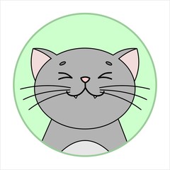 Cute Joyful, Happy Cat, Round Icon, Emoji. Gray Cat With Whiskers Smiles While Squinting, Fangs, Teeth. Vector Image Isolated On A White Background.