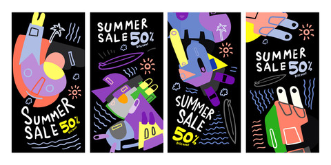 Summer Sale 50% discount Poster and Banner. Promotion flyer, discount voucher template special offer market brochure. Vector doodle illustration set for summer sales.