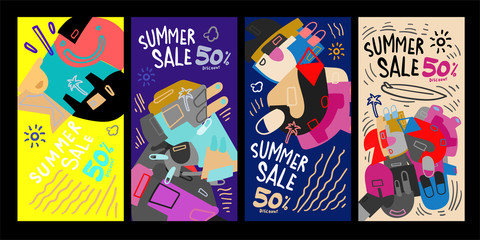 Summer Sale 50% discount Poster and Banner. Promotion flyer, discount voucher template special offer market brochure. Vector doodle illustration set for summer sales.