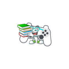 A brainy clever cartoon character of white joystick studying with some books