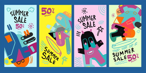 Summer Sale 50% discount Poster and Banner. Promotion flyer, discount voucher template special offer market brochure. Vector doodle illustration set for summer sales.
