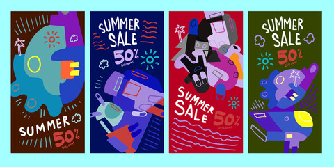 Summer Sale 50% discount Poster and Banner. Promotion flyer, discount voucher template special offer market brochure. Vector doodle illustration set for summer sales.