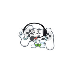 Sweet white joystick cartoon character design speaking on a headphone