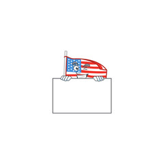 USA flag with pole cartoon character with funny face hides behind a board
