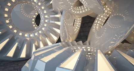 Abstract architectural concrete interior with white discs. Neon lighting. 3D illustration and rendering.