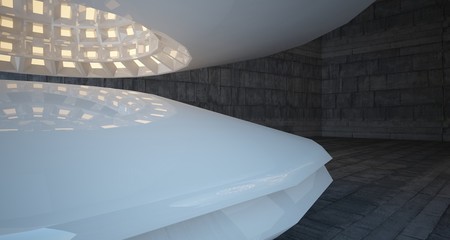 Abstract architectural concrete interior with white discs. Neon lighting. 3D illustration and rendering.