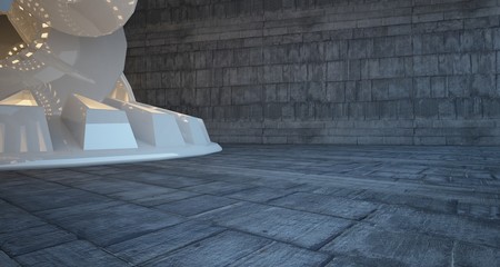 Abstract architectural concrete interior with white discs. Neon lighting. 3D illustration and rendering.