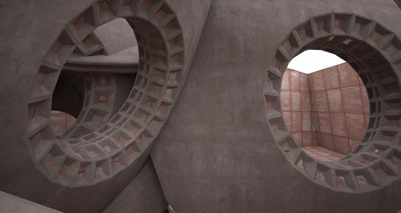 Abstract architectural rusted metal interior with concrete discs . 3D illustration and rendering.
