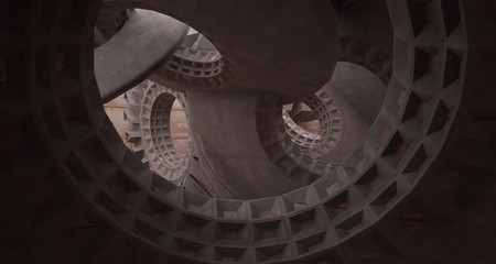 Abstract architectural rusted metal interior with concrete discs . 3D illustration and rendering.
