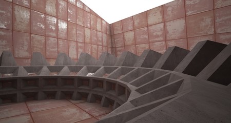 Abstract architectural rusted metal interior with concrete discs . 3D illustration and rendering.