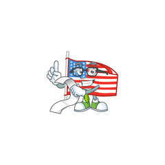 A funny face character of USA flag with pole holding a menu