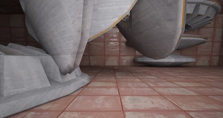 Abstract architectural rusted metal interior with concrete discs . 3D illustration and rendering.