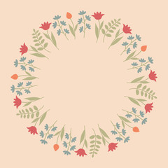Decorative template with round floral ornament. Circular floral frame with wild flowers and tulips. Vector illustration EPS10