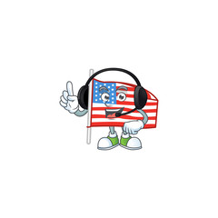 Sweet USA flag with pole cartoon character design speaking on a headphone