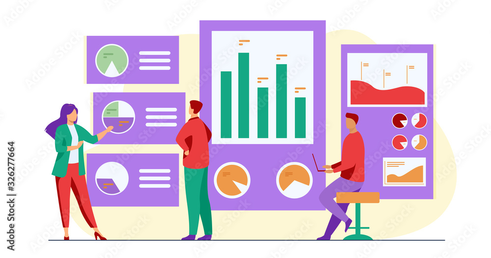 Poster office workers analyzing and researching business data vector illustration. marketing analysts devel