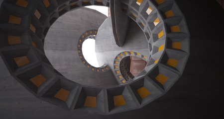 Abstract architectural rusted metal interior with concrete discs . 3D illustration and rendering.